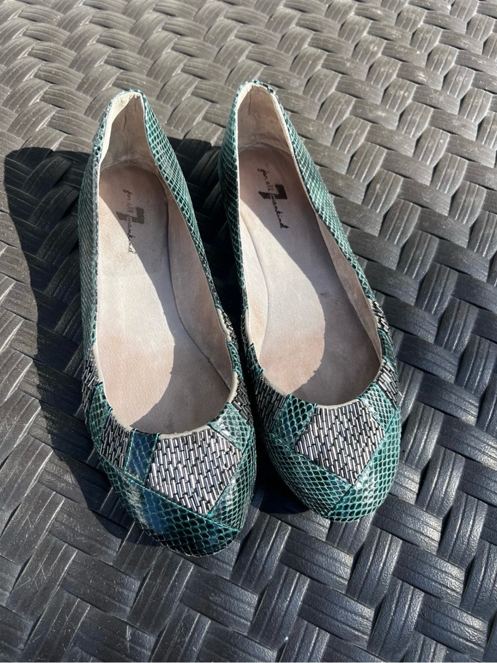 7 For All Mankind Green Snake-Print Ballet Flats with Woven Detail